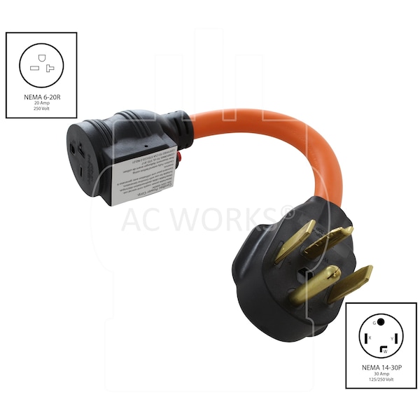 Ac Works 1FT 30A 4-Prong 14-30P Dryer Plug to 6-15/20 Outlet with 20A Breaker - S1430CB620