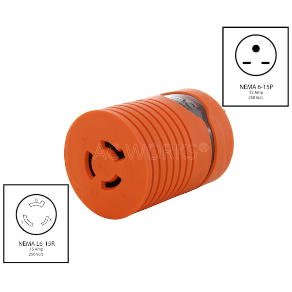 Ac Works Adapter NEMA 6-15P 15A 250V Male Plug to Locking Female L6-15R 15A Connector - AD615L615