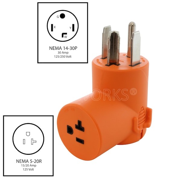 Ac Works Adapter NEMA 14-30P 30A Dryer Outlet - Household 15/20A 125V T-Blade Connector - AD1430520