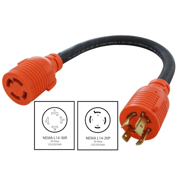 Ac Works 1.5ft 20A 4-Prong 125/250V L14-20P Plug to L14-30R 30A 4-Prong 125/250V Connector - L1420L1430-018