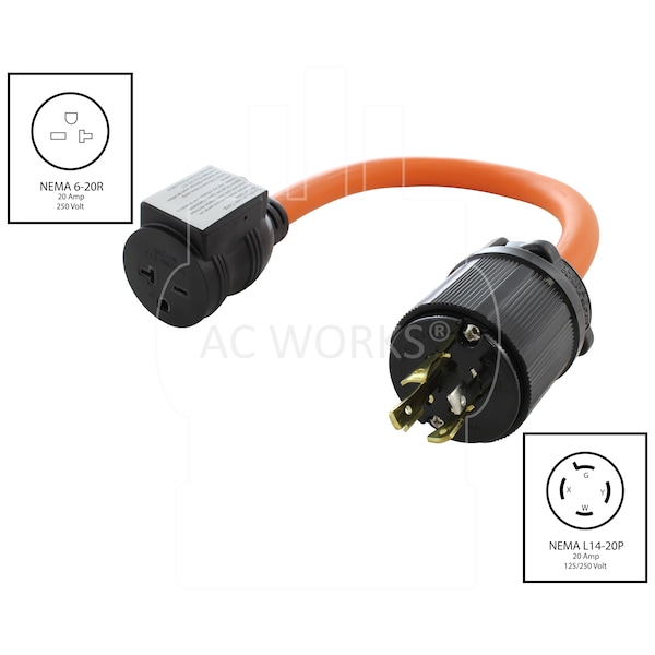 Ac Works 1.5FT 20A 4-Prong L14-20P Locking Plug to 6-15/20 Outlet with 20A Breaker - L1420CB620