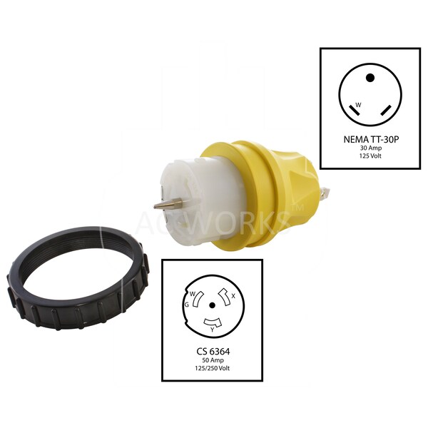 Ac Works Temporary Power RV 30A TT-30P Plug to CS6364 50A Locking Female Adapter - ADTETT