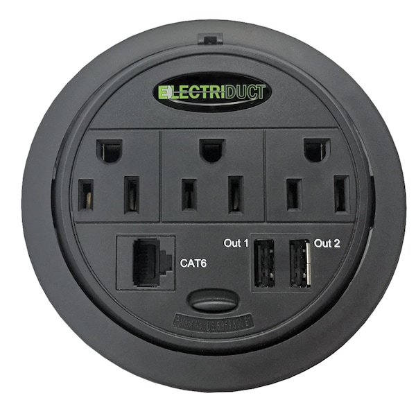 Electriduct PowerTap Grommet Power Data Center(3 Pwr, 2 USB, 1 CAT6)- Black - PDC-SW-GMPT-ED-CAT6-2PK