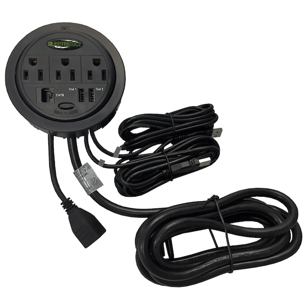 Electriduct PowerTap Grommet Power Data Center(3 Pwr, 2 USB, 1 CAT6)- Black - PDC-SW-GMPT-ED-CAT6-2PK