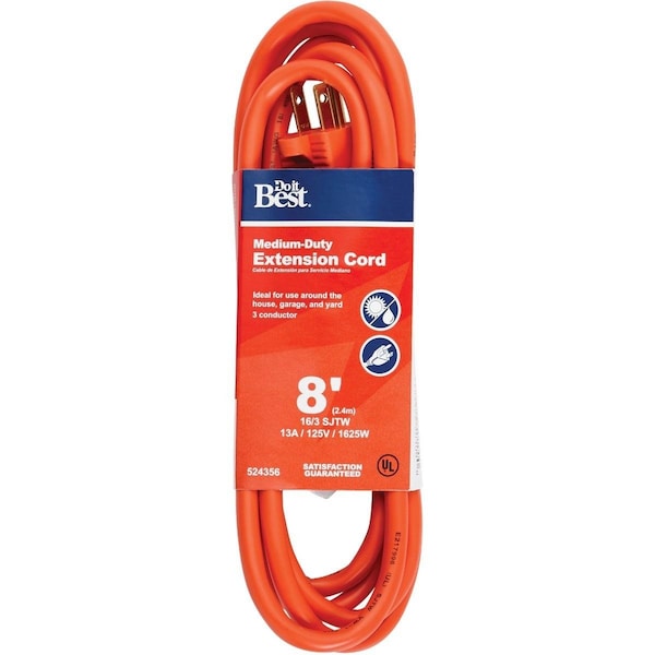 All-Source Extension Cord, 16 AWG, Outdoor, 16/3, 8 ft - OU-JTW-163-8-OR