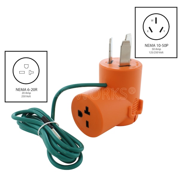 Ac Works NEMA 10-50P 50A 3-Prong Plug to NEMA 6-20R 15/20A 250V T-Blade Connector - AD1050620