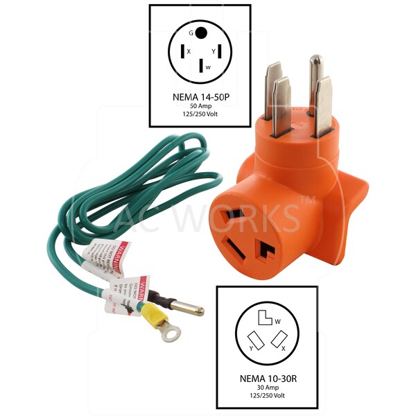Ac Works 14-50P 50A 4-Prong Plug to 10-30R 3-Prong Dryer Outlet - AD14501030