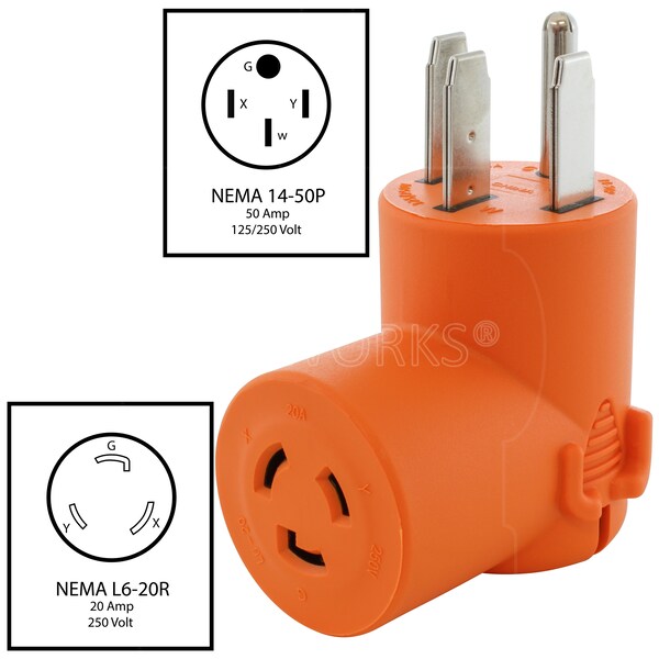 Ac Works 14-50P 50A 125/250V Range/RV/ Generator Plug to L6-20R 20A 250V Connector - AD1450L620