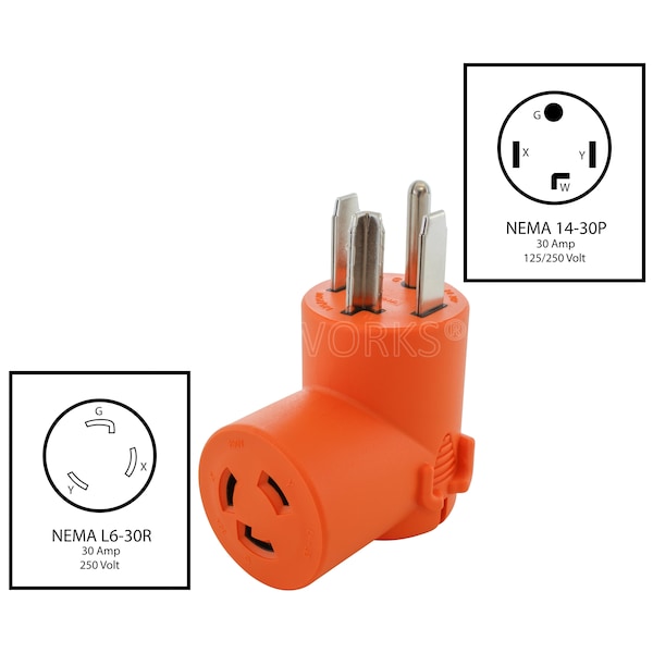 Ac Works Adapter NEMA 14-30P 30A Dryer Outlet to L6-30R 30A 250V Female Connector - AD1430L630