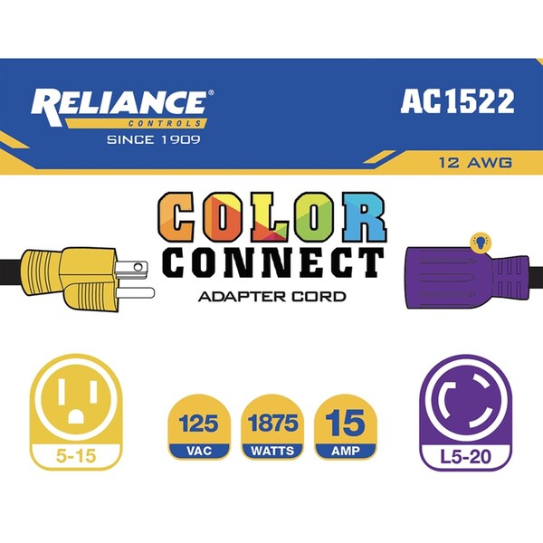 Reliance Controls Color Connect 12/3 SJTW 125 V 12 in. L Adapter Cord - AC1522
