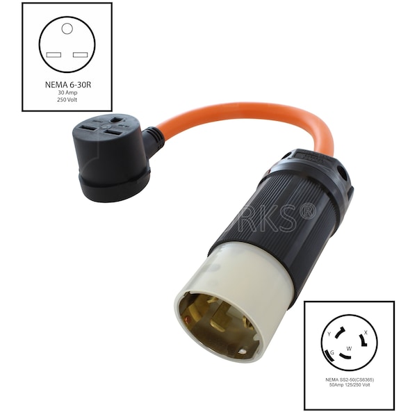 Ac Works 1.5FT 50A 125/250V SS2-50P/CS6365 Plug to 30A 250V 6-30R Commercial HVAC Adapter Cord - SS2630-018