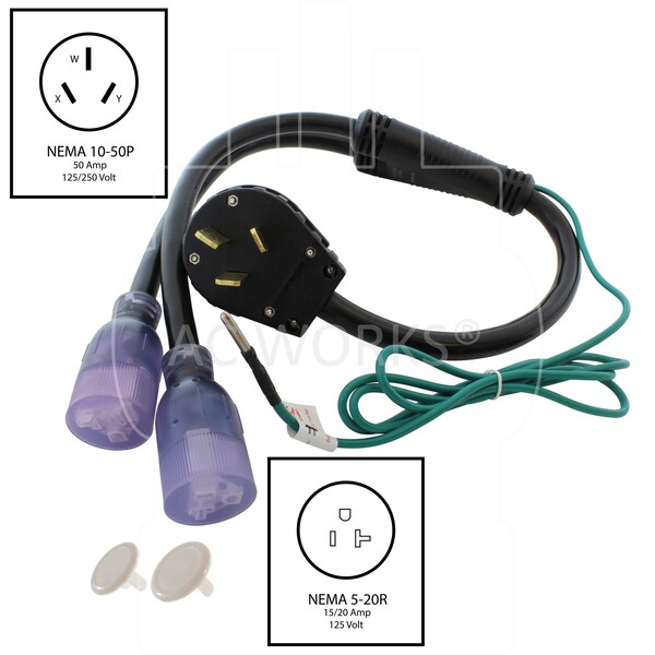 Ac Works 3ft 50A 125/250V NEMA 10-50 3-Prong Old Style Range/Welder Plug to 2 NEMA 5-20 Household Connections - 1050Y520-036
