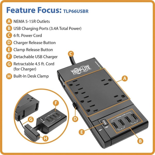Tripp Lite Surge Protector, 6-Outlet, 6-7/10"Wx1-4/5"Dx9-3/5"H, Black - TRPTLP66USBR