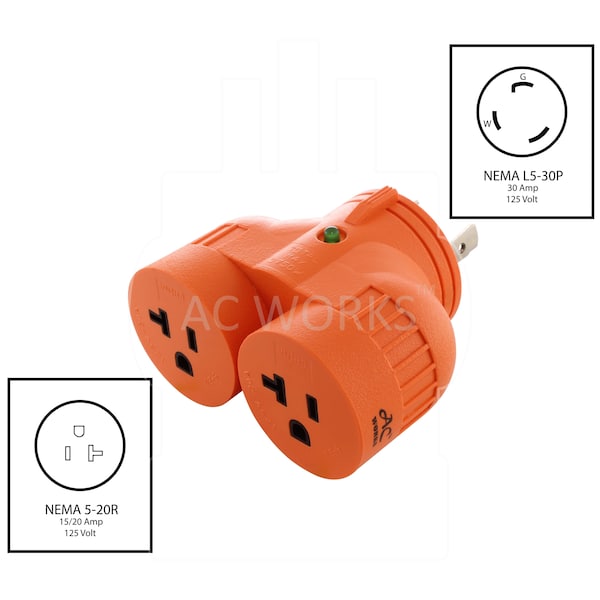 Ac Works V-DUO Adapter NEMA L5-30P 30A 3-Prong Locking Plug to 2 15/20A Connectors - ADVL530520