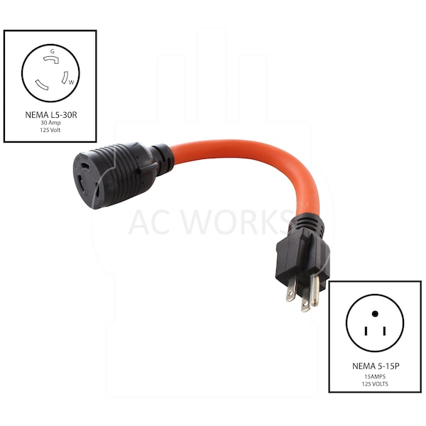 Ac Works 1FT STW 10/3 NEMA 5-15P 15A Household Plug to NEMA L5-30R 30A Adapter - S515L530-012