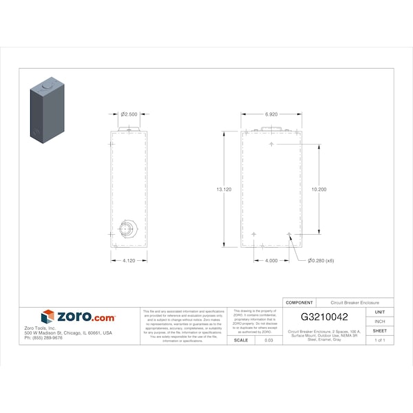 Square D Circuit Breaker Enclosure, 2 Spaces, 100 A, Surface Mount, Outdoor Use, NEMA 3R, Steel, Enamel, Gray - QO2100BNRB