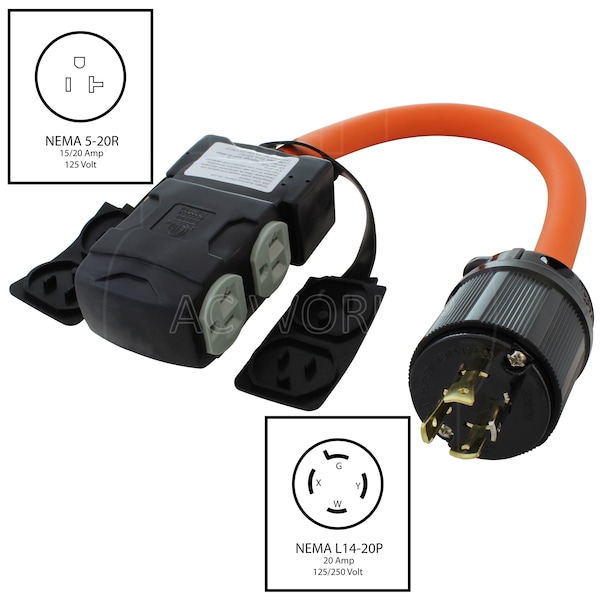 Ac Works 1.5FT L14-20P 20A 4-Prong Locking Plug to 4 Home Outlets with 20A Breaker - L1420CBF520