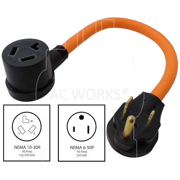 Ac Works 1.5FT  6-50P 50A Welder Plug to 10-30R 3-Prong Dryer Outlet - S6501030-018