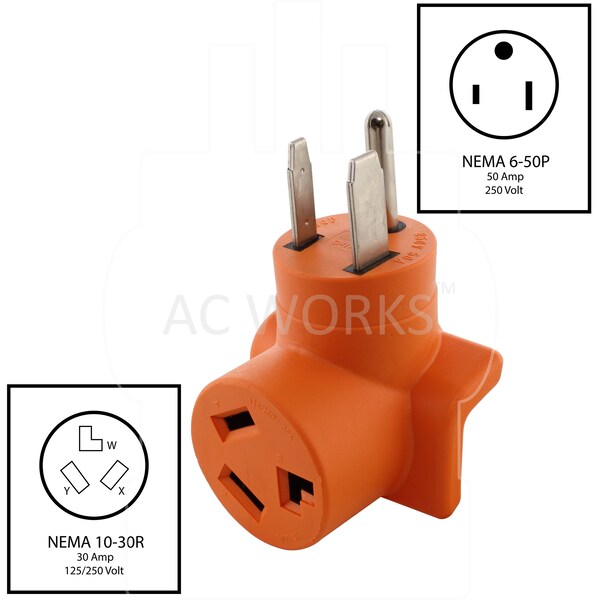 Ac Works Welder 6-50P Plug to 10-30R 3-Prong 30A 3-Prong Dryer Adapter - AD6501030