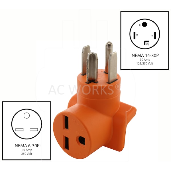 Ac Works 4-Prong Dryer 14-30P Plug to 6-30R 30 Amp 250 Volt HVAC Female Adapter - AD1430630