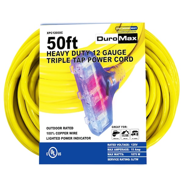 Duromax SJTW Extension Cord, 12 AWG, Outdoor, 3 Outlets, Yellow, 50 ft - XPC12050C