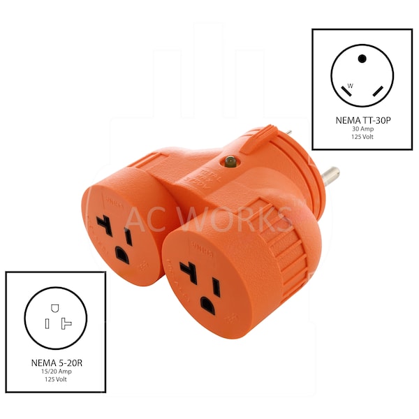 Ac Works Adapter TT-30P RV 30A Plug to 2 15/20A Household Connectors - ADVTT520