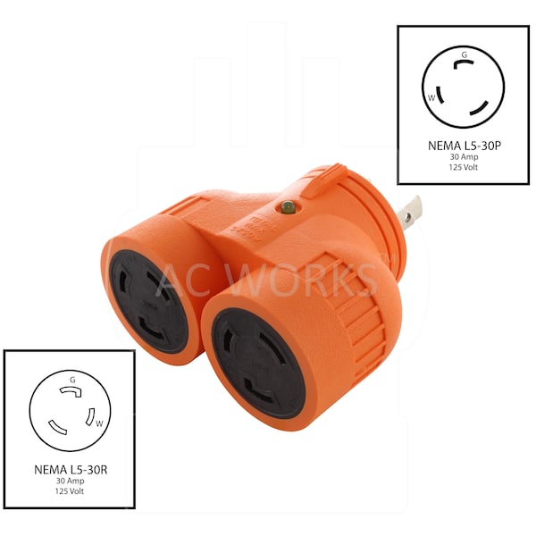 Ac Works L5-30P 30A 125V 3-Prong Plug to 2 L5-30R 30A 125V Female Connectors - ADVL530L530