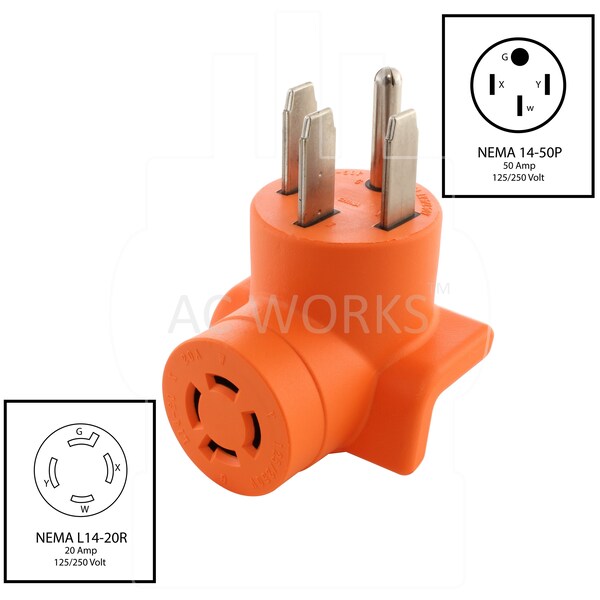 Ac Works 4-Prong NEMA 14-50P Plug to 4-Prong 20A Locking NEMA L14-20R Adapter - AD1450L1420