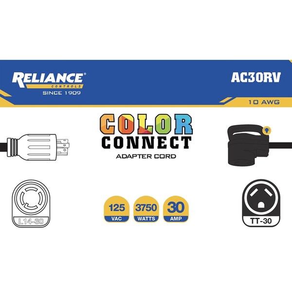 Reliance Controls Color Connect 10/3 SJTW 125 V 12 in. L Adapter Cord - AC30RV