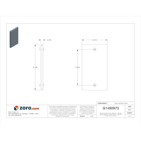 Raco Electrical Box Cover, Square, 1 Gang, Galvanized Zinc, Blank Cover, 1/8 in D, 2-1/4 in W, 4-1/4 in L - 860
