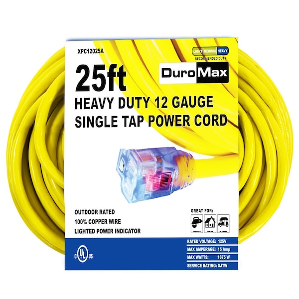 Duromax SJTW Extension Cord, 12 AWG, Outdoor, 1 Outlets, Yellow, 25 ft - XPC12025A