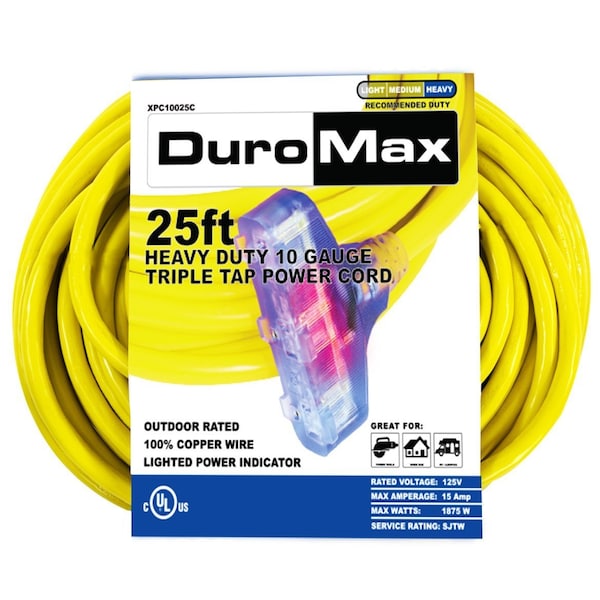 Duromax SJTW Extension Cord, 10 AWG, Outdoor, 3 Outlets, Yellow, 25 ft - XPC10025C