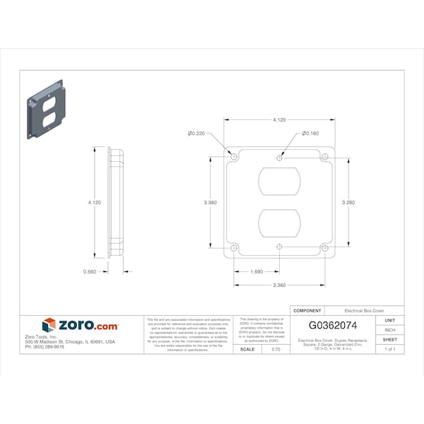 Raco Electrical Box Cover, Duplex Receptacle, Square, 2 Gangs, Galvanized Zinc, 1/2 in D, 4 in W, 4 in L - 902C