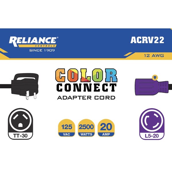 Reliance Controls Color Connect 12/3 SJTW 125 V 12 in. L Adapter Cord - ACRV22