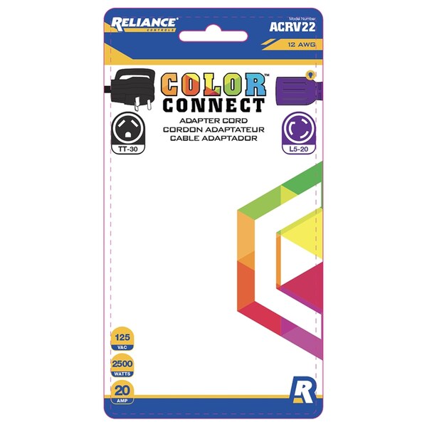 Reliance Controls Color Connect 12/3 SJTW 125 V 12 in. L Adapter Cord - ACRV22