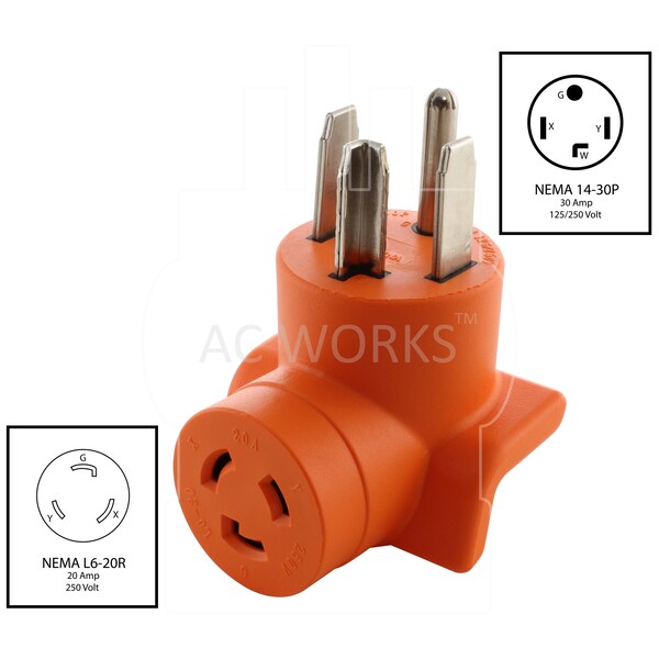 Ac Works Adapter NEMA 14-30P Dryer Plug to NEMA L6-20R Power Tools/Welder Connector - AD1430L620