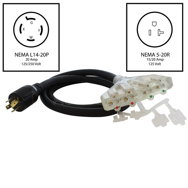 Ac Works 5FT L14-20P 4-Prong 20A Locking Plug to 4 15/20A Household PDU With Power Indicator Lights - L1420F520-05BKL