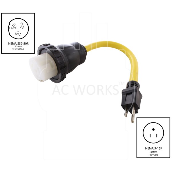 Ac Works 1.5FT Household 5-15P Plug to RV/Marine 50A Inlet Adapter - S515M50-018