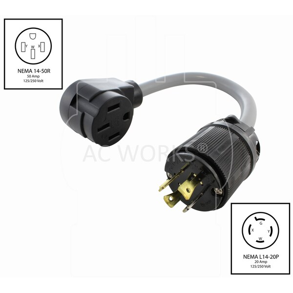 Ac Works Adapter 20A 125/250Volt L14-20P 4-Prong Locking Plug to To 50A 14-50R - EVL1420MS-018