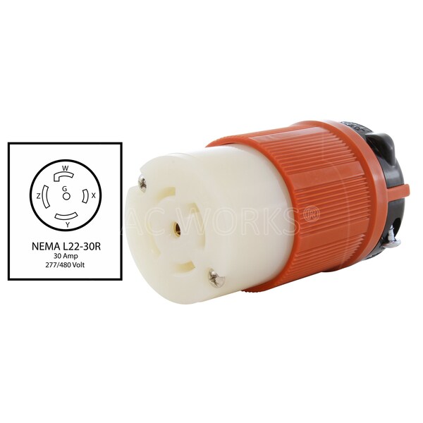 Ac Works NEMA L22-30R 30A 3-Phase Y 277/480V 5-Prong Locking Female Connector with UL, C-UL Approval - ASL2230R