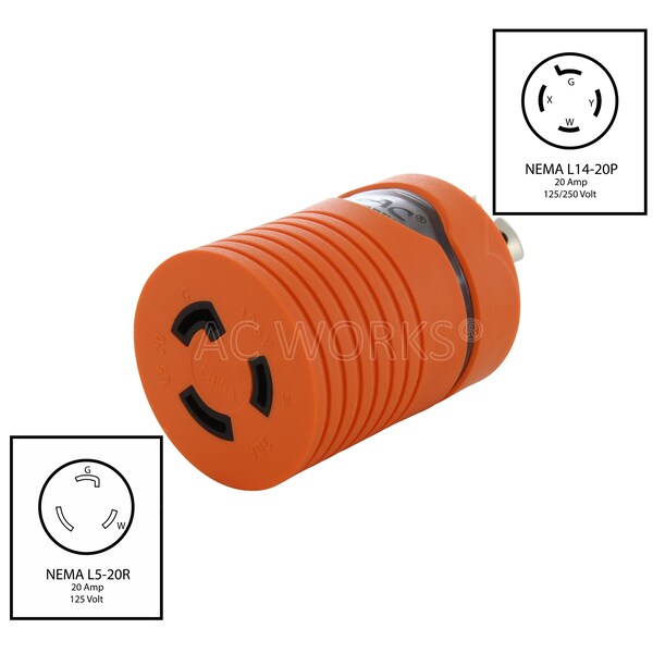 Ac Works L14-20P 20A 125/250V 4-Prong Plug to L5-20R 3-Prong 20A 125V Connector - ADL1420L520