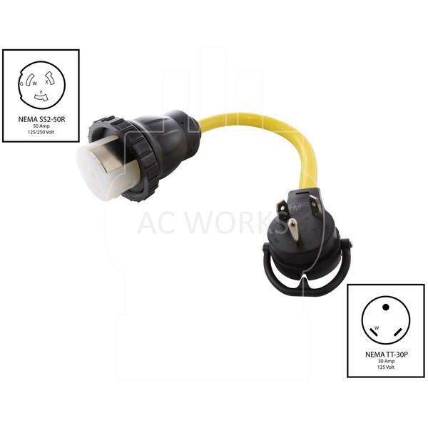 Ac Works 1.5FT RV 30A TT-30P Plug to SS2-50R RV/Marine 50A Detachable Inlet Connection - TTM50-018