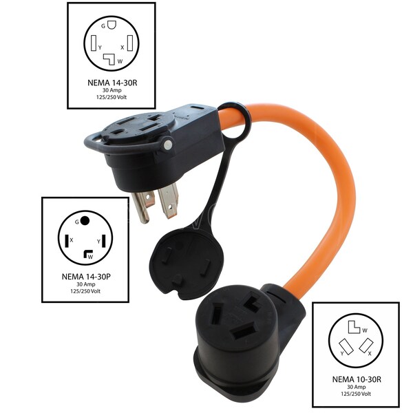Ac Works 1.5FT 30A 14-30 Piggy-Back Plug with 10-30R Connector Adapter Cord - PB14301030