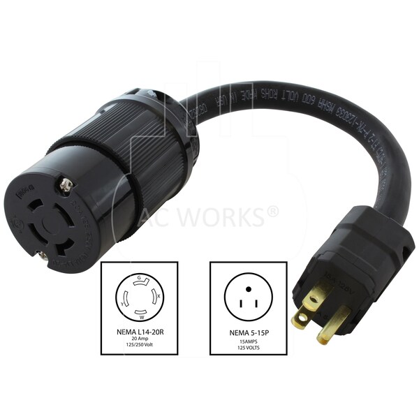 Ac Works 1FT 15A Household Plug NEMA 5-15P to 4-Prong 20A L14-20R 2 Hots Bridged Adapter Cord - S515L1420-012