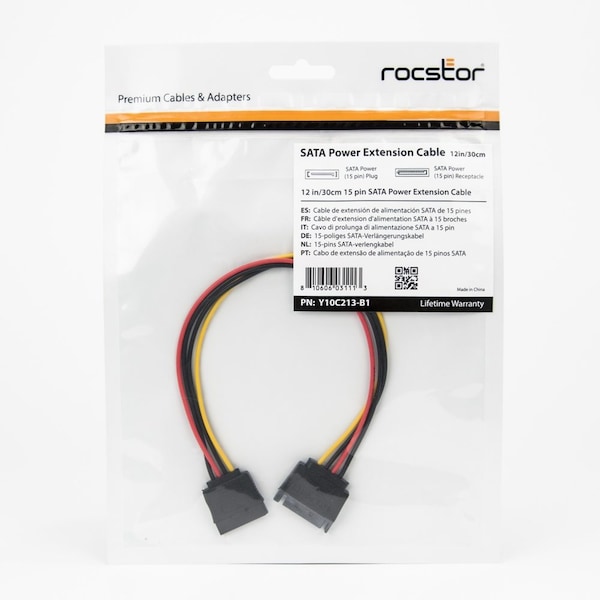 Rocstor 12In 15 Pin Sata Power Extension Cable - Y10C213-B1