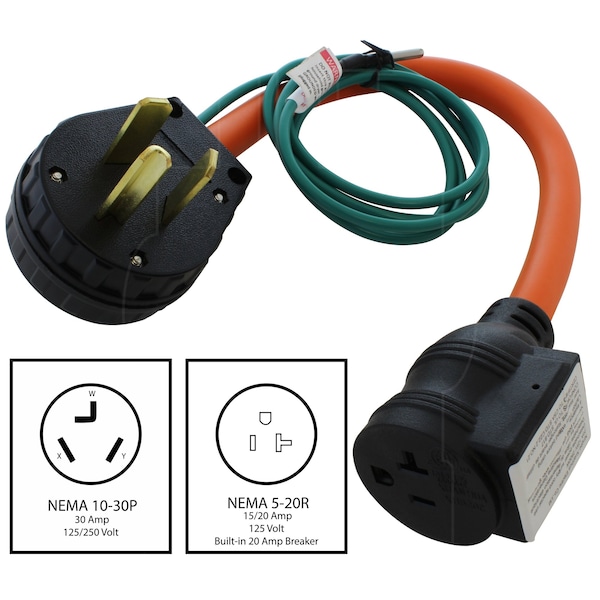 Ac Works 1.5FT 30A 3-Prong 10-30P Dryer Plug to Household Outlet with 20A Breaker - S1030CB520