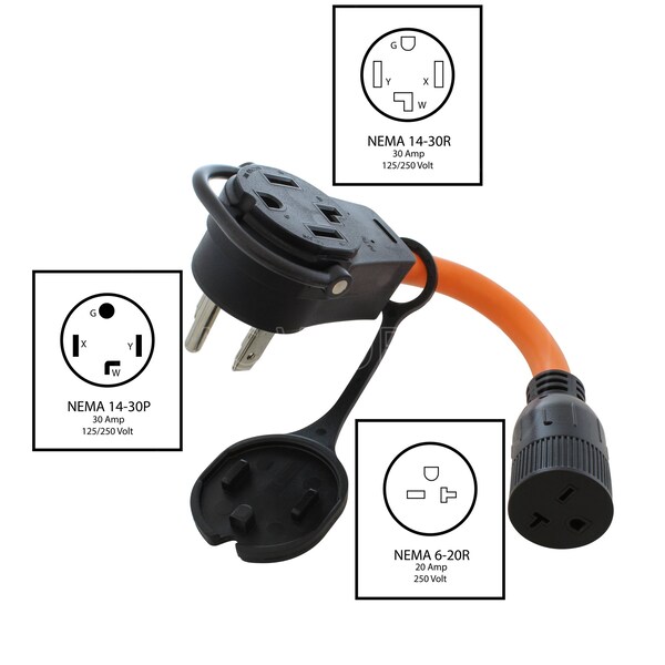 Ac Works 1FT 30 Amp 14-30 Piggy-Back Plug to 6-20 Connector Adapter Cord - PB1430620