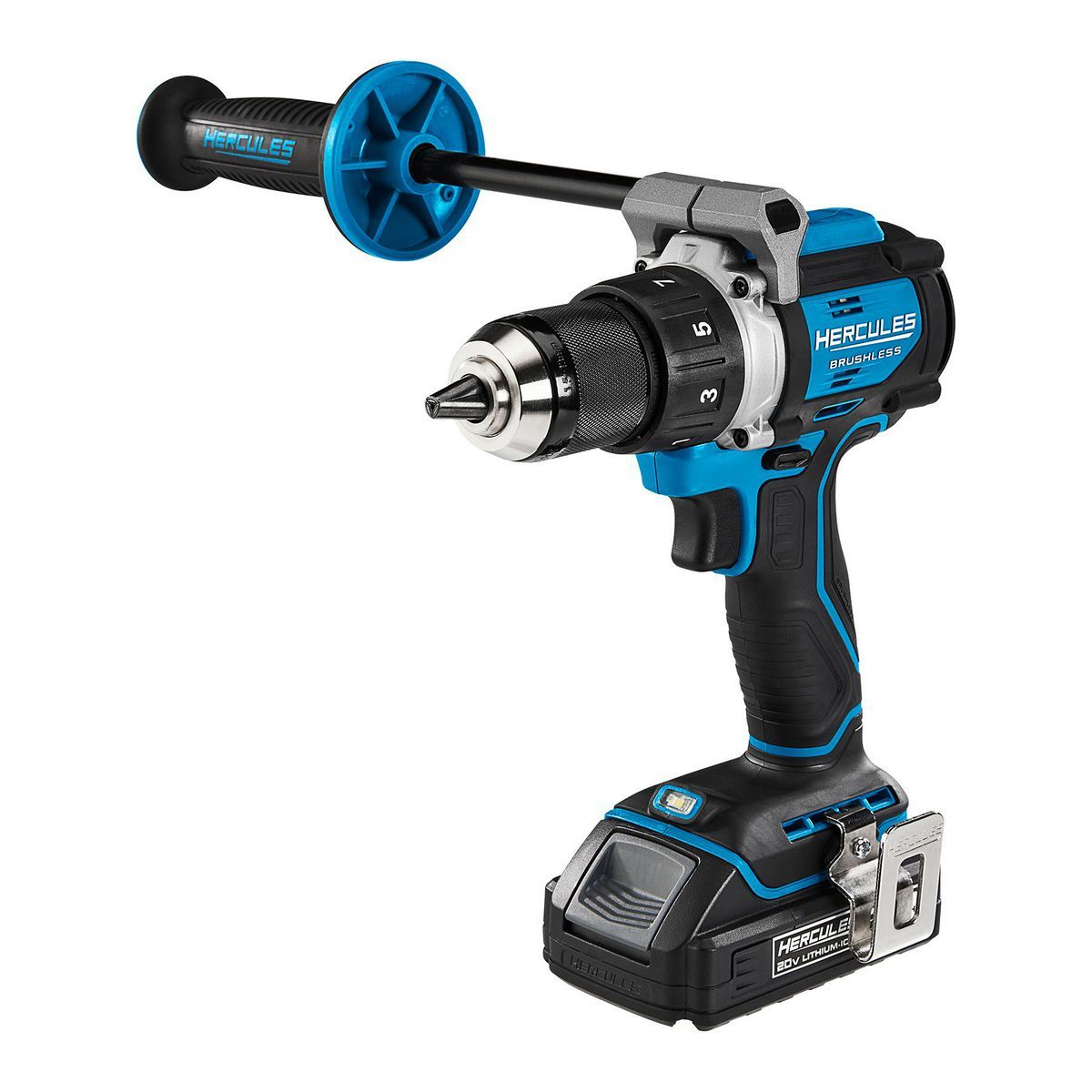 Kit inalámbrico Hercules 20V Brushless de 1/2 pulgadas con taladro/destornillador, mango lateral, batería de 2 Ah y cargador - 70067.