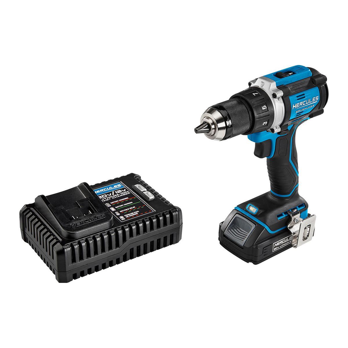 Kit inalámbrico Hercules 20V Brushless de 1/2 pulgadas con taladro/destornillador, mango lateral, batería de 2 Ah y cargador - 70067.