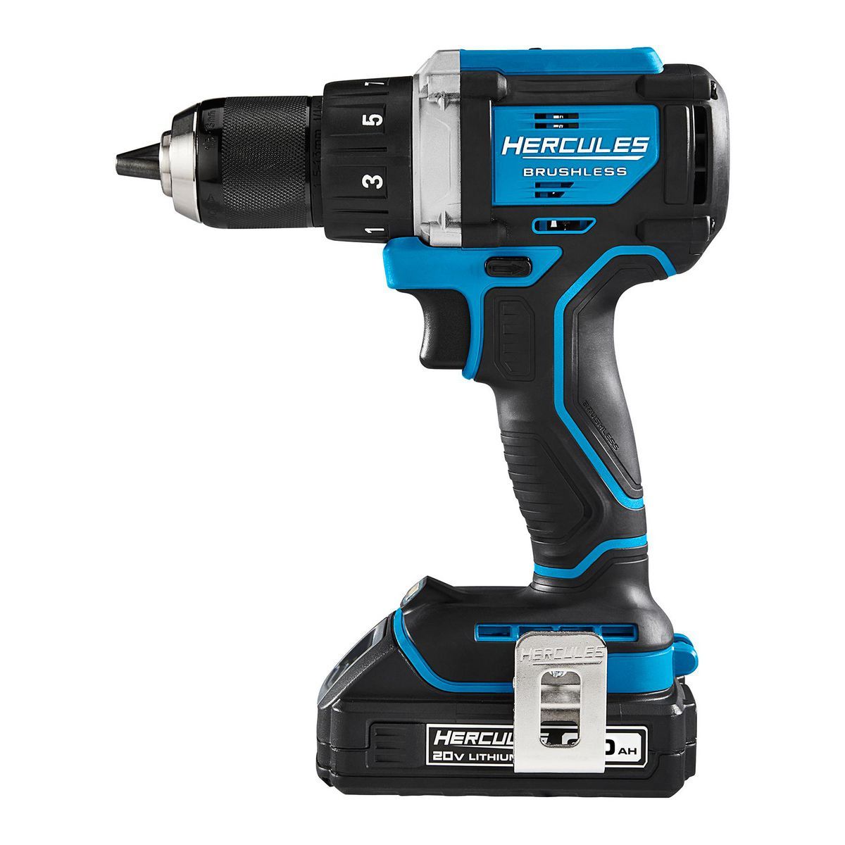 Kit inalámbrico Hercules 20V Brushless de 1/2 pulgadas con taladro/destornillador, mango lateral, batería de 2 Ah y cargador - 70067.